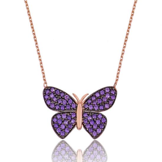Silver Rose Purple Butterfly Women’s Necklace