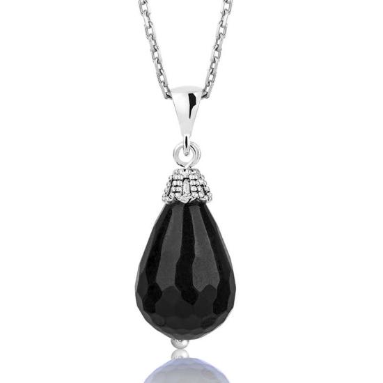Silver Faceted Onyx Natural Stone Necklace