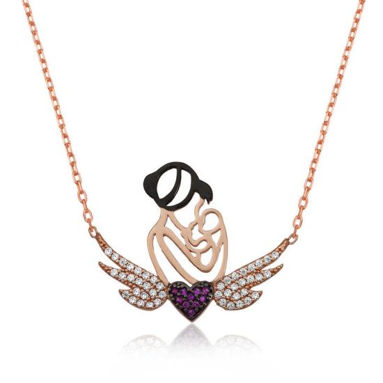 Silver Rose Heart Mother and Child Necklace