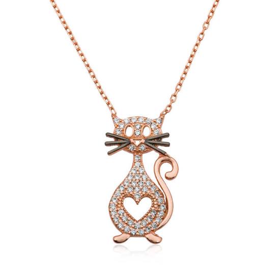 Silver Heart Cat Necklace
