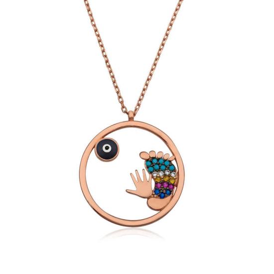 Silver Rose Evil Eye Hand and Footprint Women’s Necklace