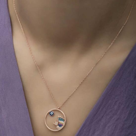 Silver Rose Evil Eye Hand and Footprint Women’s Necklace