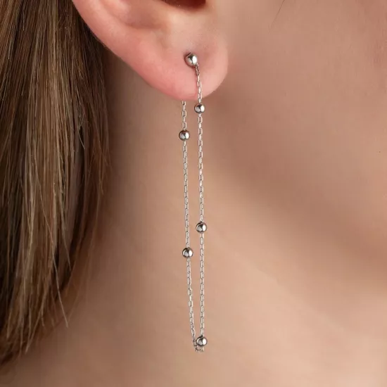 Gümüş Çift Zincirli Top Detaylı Kadın Küpe