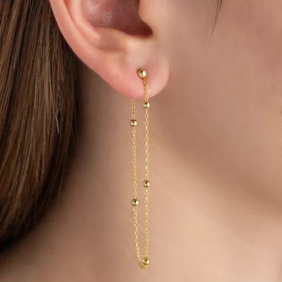 Gümüş Çift Zincirli Gold Top Detaylı Kadın Küpe