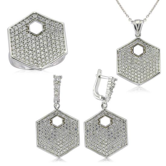 Silver Zircon Stone Hexagon Women’s Set