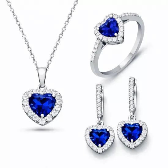 Gümüş Mavi Taşlı Kalpli Kadın Set