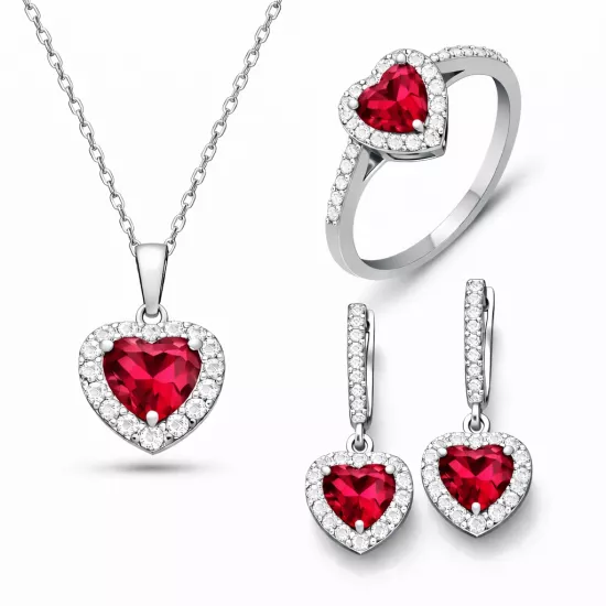 Gümüş Kırmızı Taşlı Kalpli Kadın Set