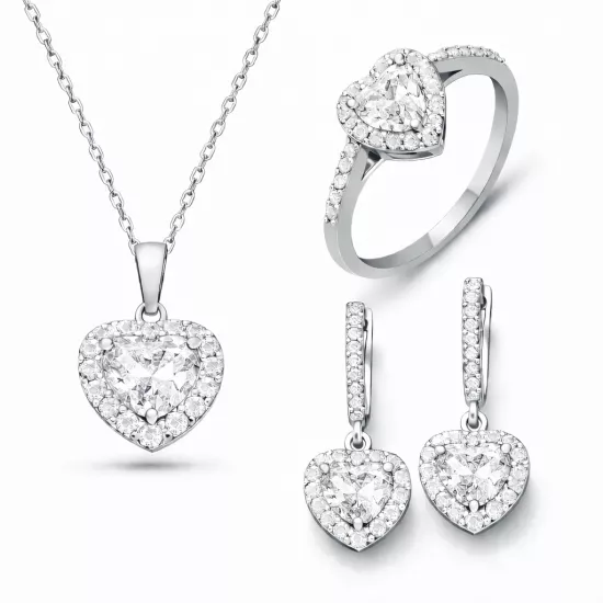 Gümüş Beyaz Taşlı Kalpli Kadın Set