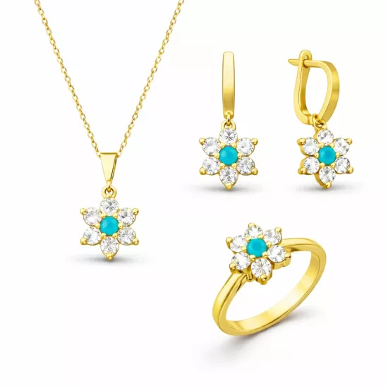Silver Blue Stone Gold Flower Women’s Set