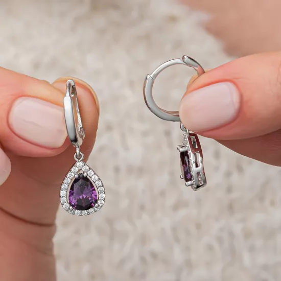 Gümüş Mor Zirkon Taşlı Damla Kadın Set