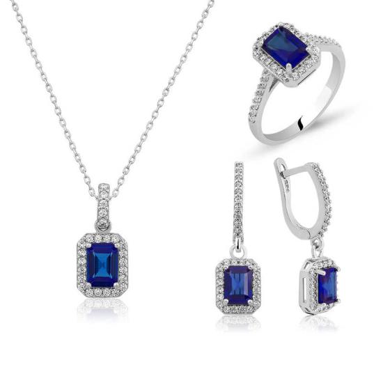 Silver Sapphire Color Baguette Stone Women’s Set
