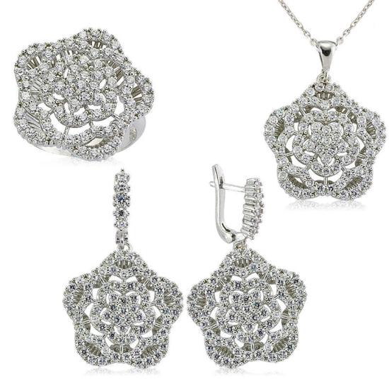 Silver Zircon Stone Flower Women’s Set
