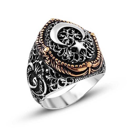 Silver Crescent Star Men’s Ring