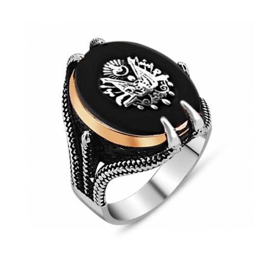 Silver Black Stone Eagle Claw Ottoman State Coat of Arms Men’s Ring