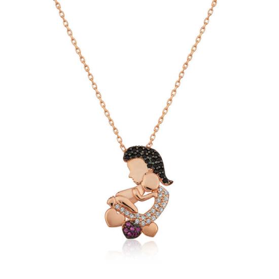 Silver Rose Mother and Baby Necklace for Women