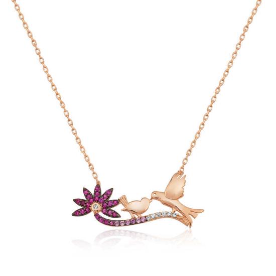 Silver Rose Mother and Baby Bird Necklace for Women