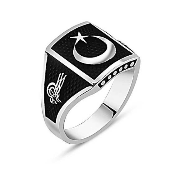 Silver Tughra Crescent Star Men’s Ring