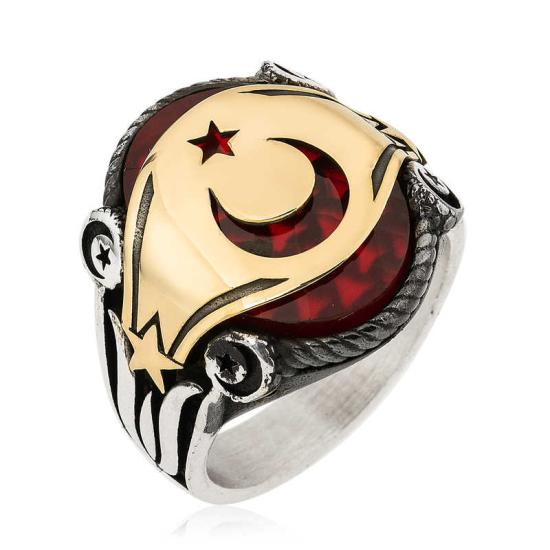 Silver Men’s Ring with Crescent Star and Tulip Motif on Sides
