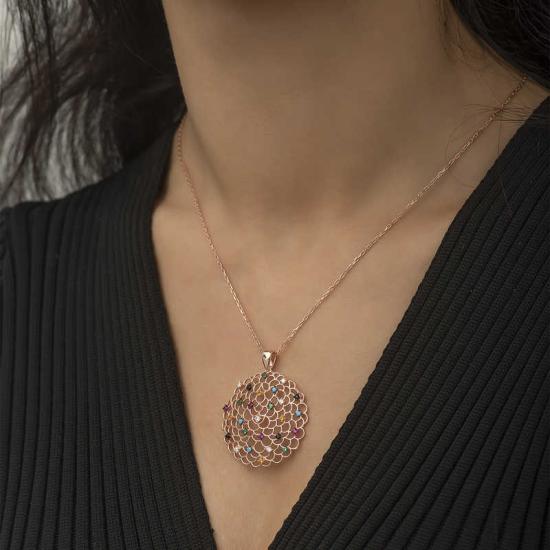 Silver Rose Geometric Patterned Medallion Necklace