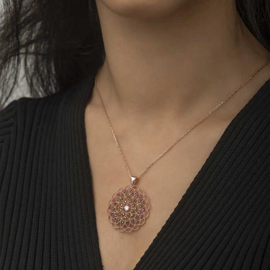 Silver Rose Geometric Patterned Medallion Necklace