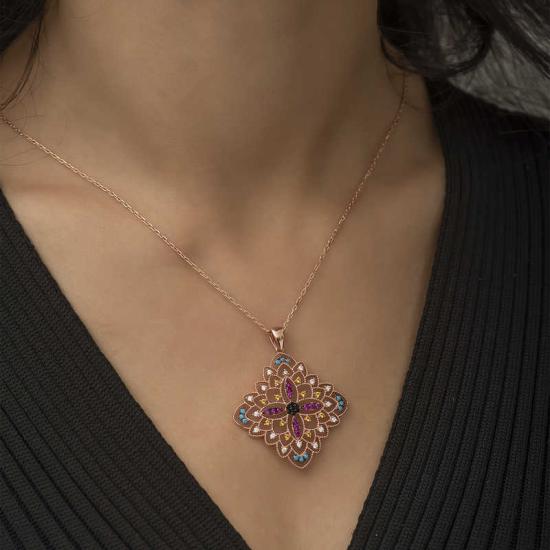 Silver Rose Ethnic Patterned Medallion Necklace