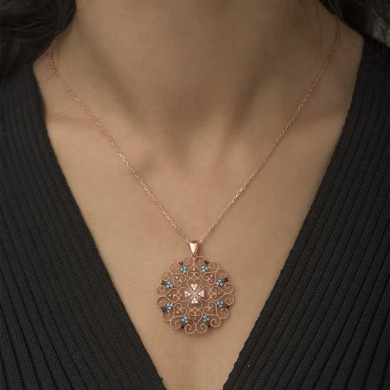 Silver Rose Ethnic Patterned Medallion Necklace