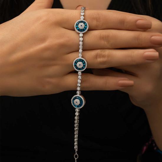 Silver Glasseye Triple Waterway Evil Eye Bracelet