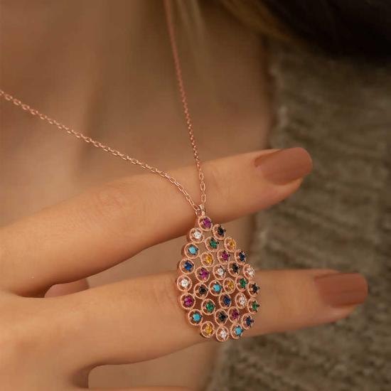 Silver Rose Colored Stone Drop Necklace