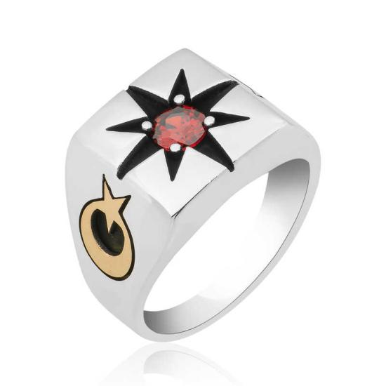 Silver Single Stone Polar Star Motif Men’s Ring