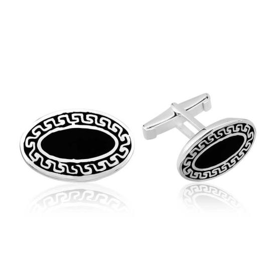 Silver Black Background Patterned Oval Cufflinks