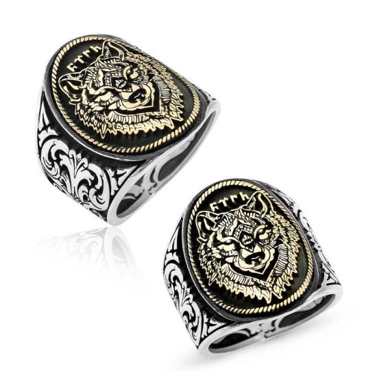 Silver Wolf Head Men’s Ring with Gokturk Turkish Writing