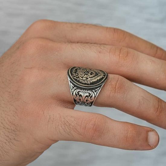 Silver Wolf Head Men’s Ring with Gokturk Turkish Writing