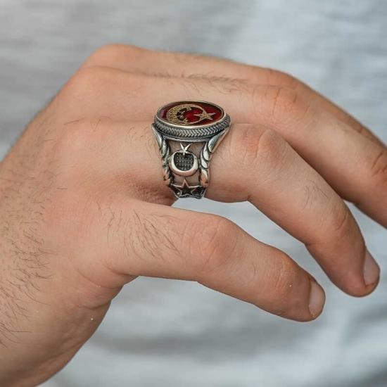 Silver Gokturkish Turkish Written Crescent Star Men’s Ring