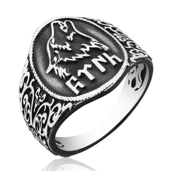 Silver Gokturk Turkish Written Grey Wolf Men’s Ring
