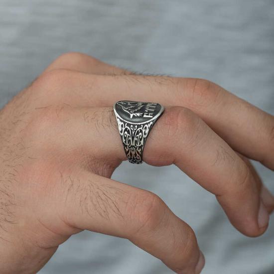 Silver Gokturk Turkish Written Grey Wolf Men’s Ring