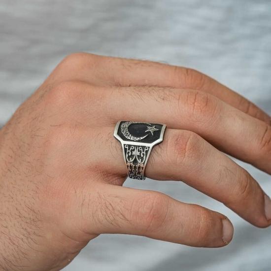 Silver Crescent Star Men’s Ring