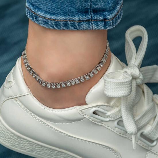 Silver Zircon Stone Rhodium Anklet