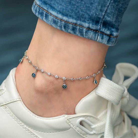 Silver Row Zircon Stone Evil Eye Rhodium Anklet