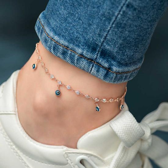 Silver Row Zircon Stone Evil Eye Rose Anklet