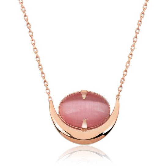 Silver Pink Cat’s Eye Stone Crescent Necklace