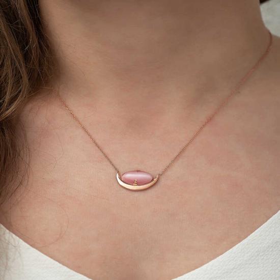 Silver Pink Cat’s Eye Stone Crescent Necklace