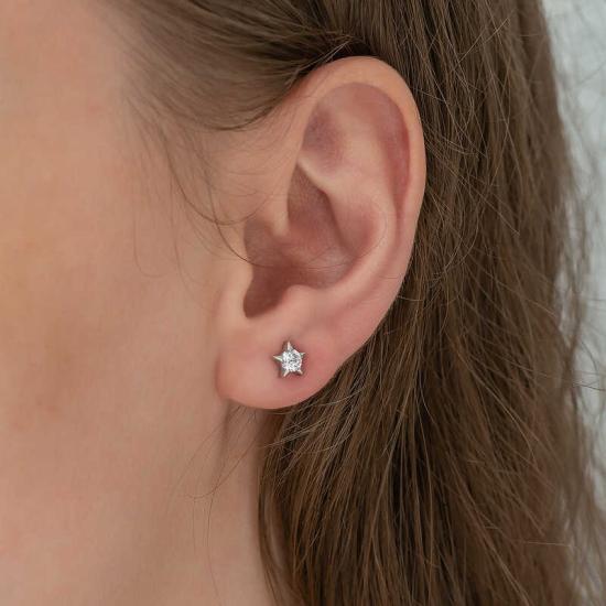 Silver Single Stone Star Stud Women’s Earrings
