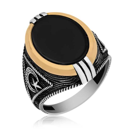 Silver Onyx Stone Crescent Star Crest Men’s Ring