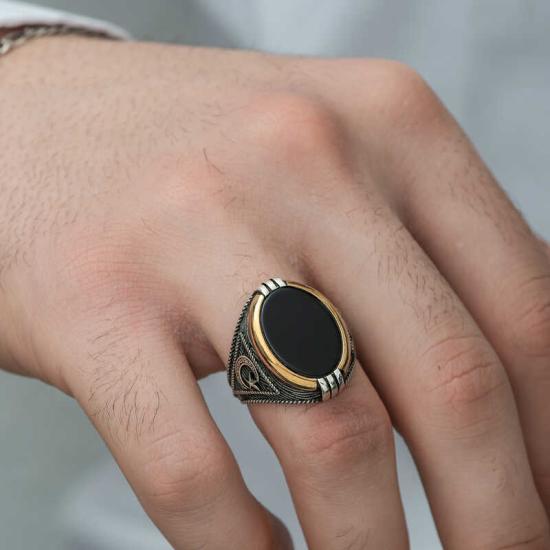 Silver Onyx Stone Crescent Star Crest Men’s Ring
