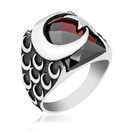 Silver Red Cut Stone Crescent Star Men’s Ring