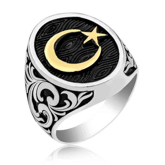 Silver Crescent Star Men’s Ring with Side Patterns