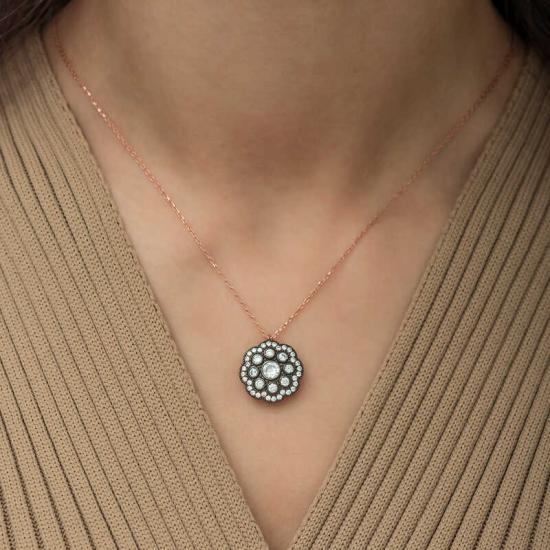 Silver Flower Patterned Diamond Mounted Necklace