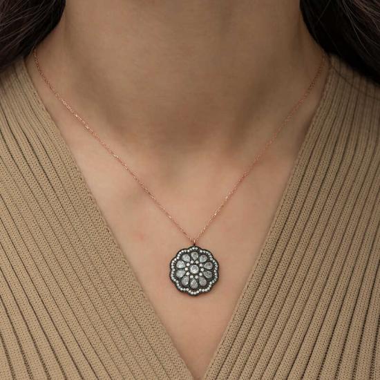Silver Flower Patterned Diamond Mounted Necklace