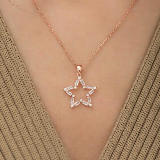 Silver Rose Baguette Stone Star Necklace