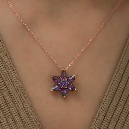 Silver Rose Purple Flower Necklace